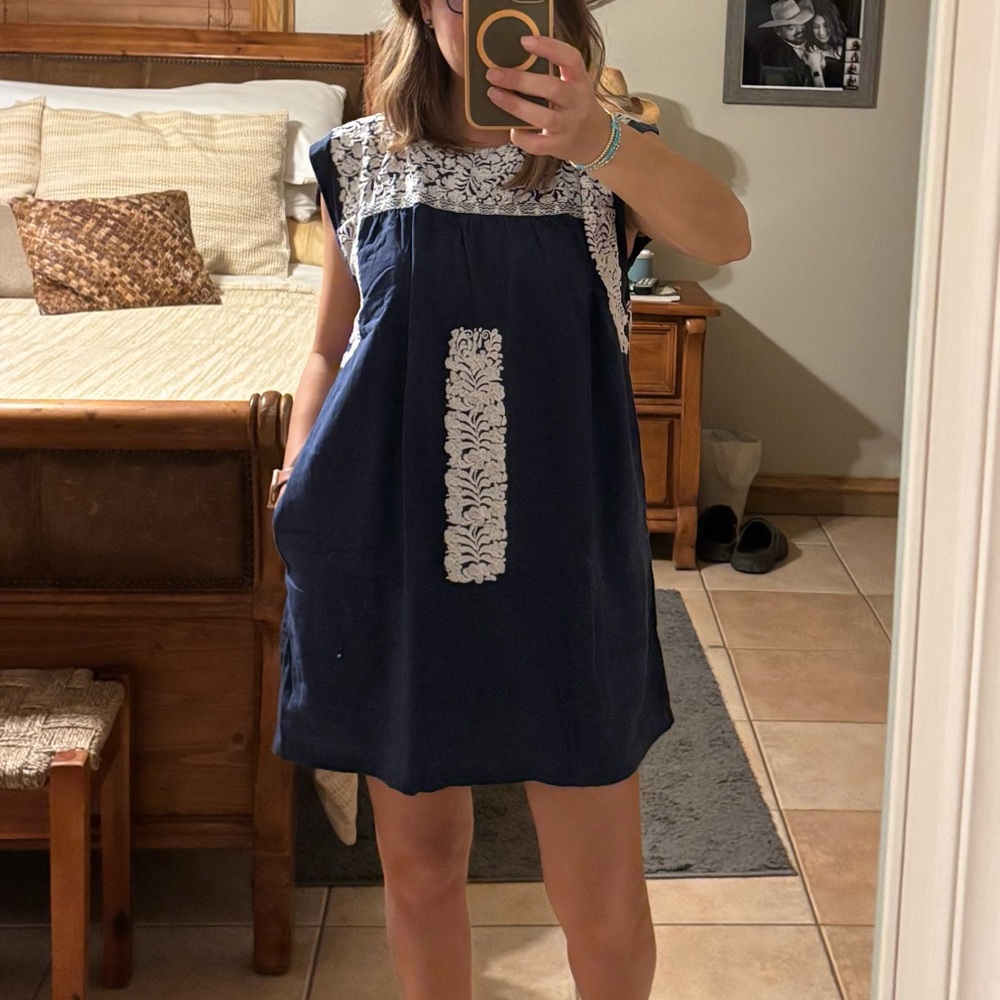 Navy Sleeveless Embroidered Linen Blend Top/Dress With White Floral Design